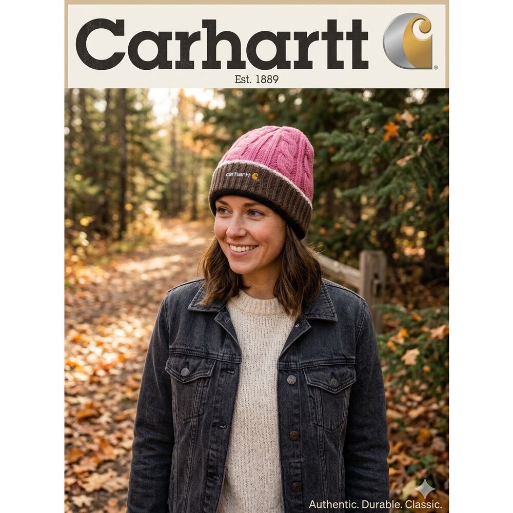 Carhartt Cable Knit Fleece-Lined Beanie - Pink/Brown